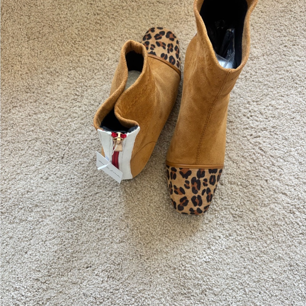Tan Suede Ankle Booties with Leopard Cap Toe